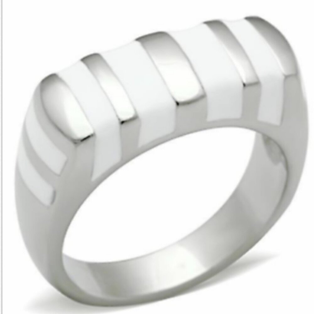 Stainless Steel Ring Size 6 9 10 Silver White Enamel Stripes Band Mens Womens